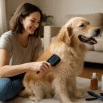 Woman learning how to groom a dog at home by brushing her golden retriever with proper technique in a comfortable living room setting