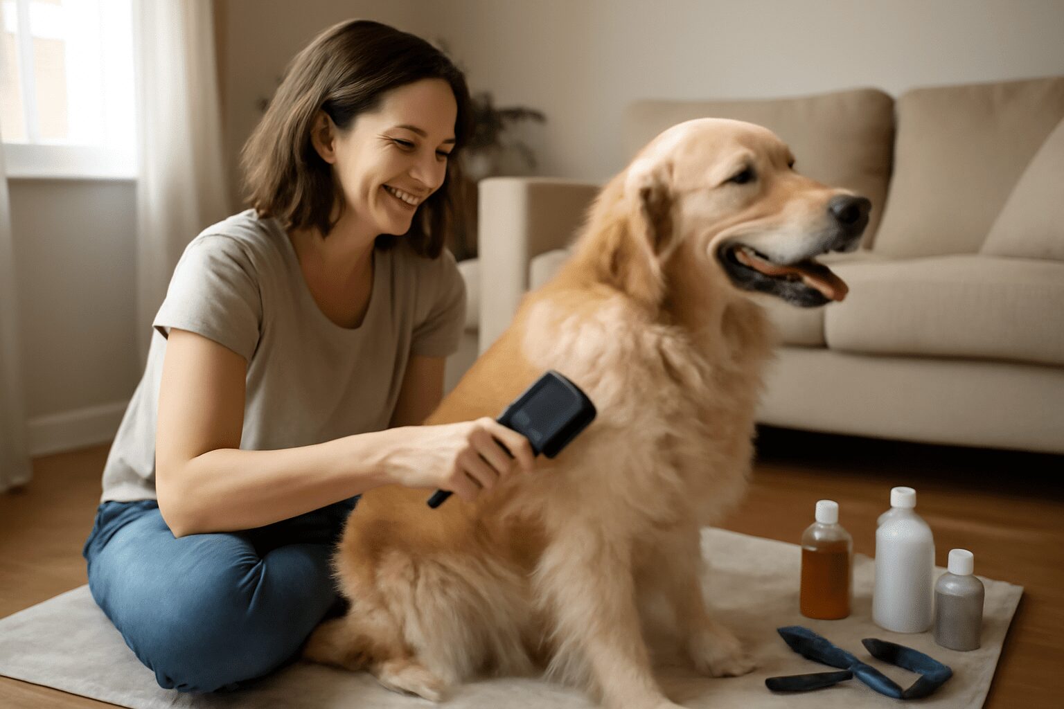 Woman learning how to groom a dog at home by brushing her golden retriever with proper technique in a comfortable living room setting