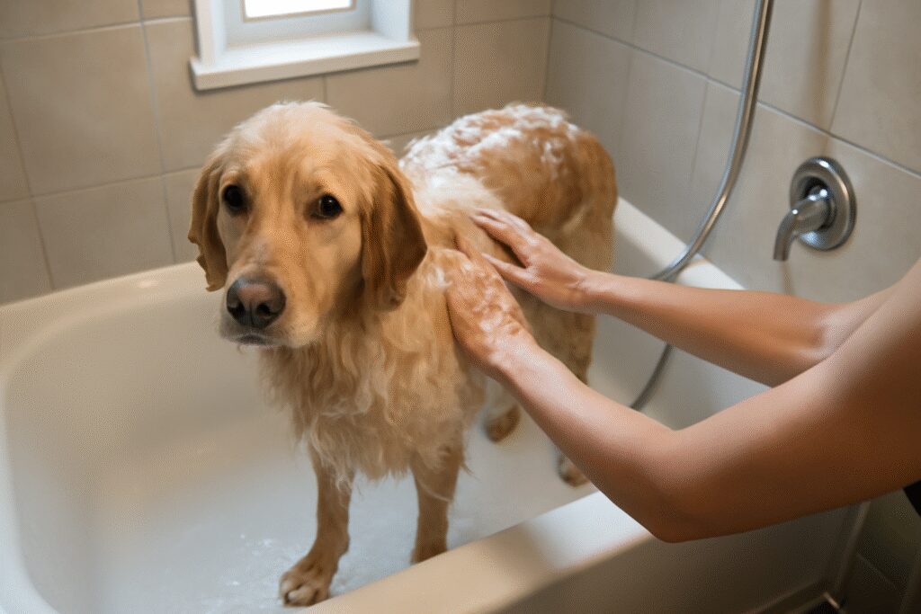 Bathing a golden retriever as part of how to groom a dog at home - showing proper shampooing technique in a standard bathtub