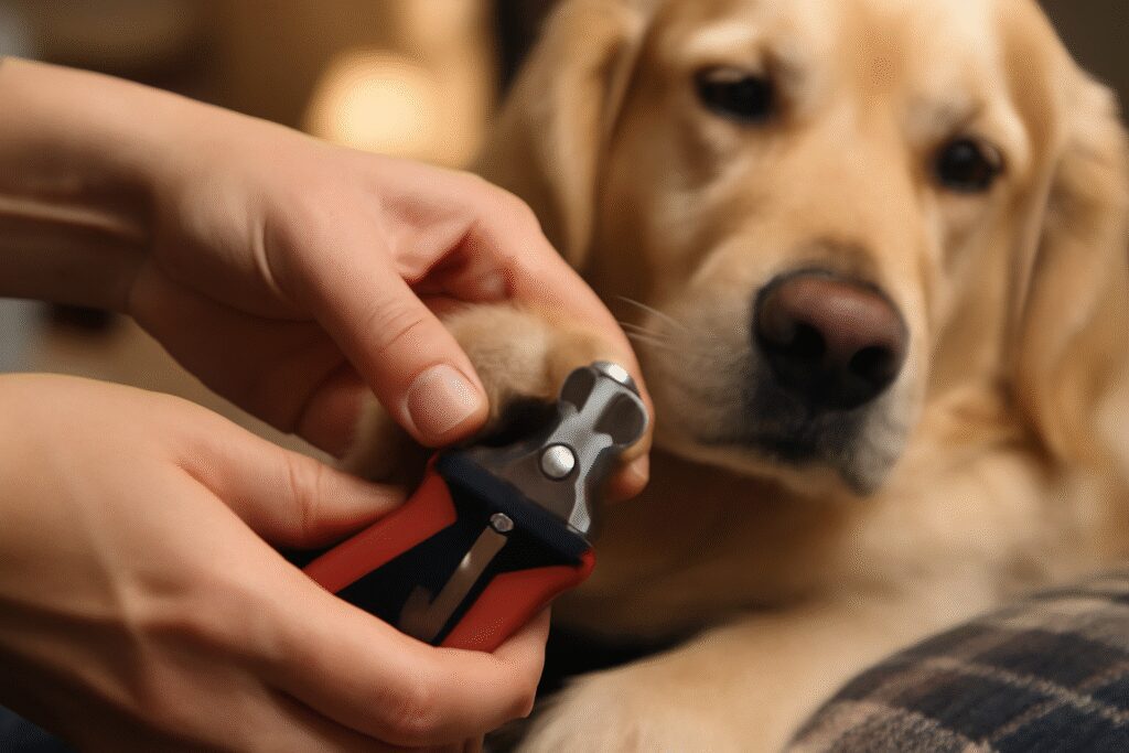 Proper nail trimming technique when learning how to groom a dog at home - safely trimming a golden retriever's nails with pet clippers