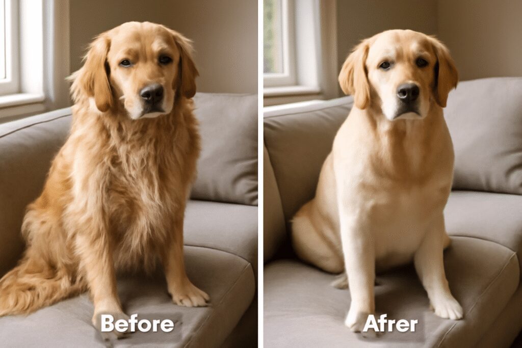 Before and after results of how to groom a dog at home - golden retriever transformation showing the effectiveness of home grooming techniques